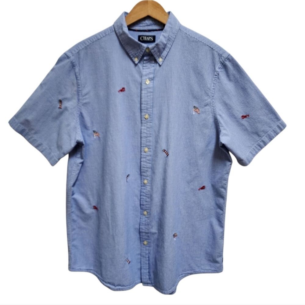 Chaps Shirt Mens XL Blue Check Button Seersucker Embroidered Flag Lighthouse Vtg